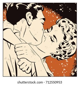 Stock illustration. People in retro style pop art and vintage advertising. Loving couple.