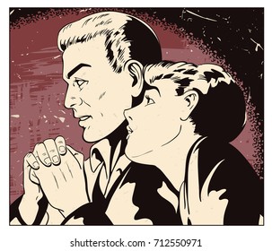 Stock illustration. People in retro style pop art and vintage advertising. Loving couple.