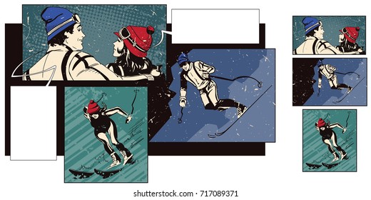 Stock illustration. People in retro style pop art and vintage advertising. Collage on theme ski sport and vacation. Skiers.