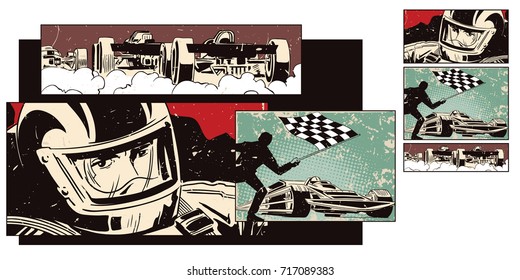 Stock Illustration. People In Retro Style Pop Art And Vintage Advertising. Collage On Theme Sport And Car Racing.