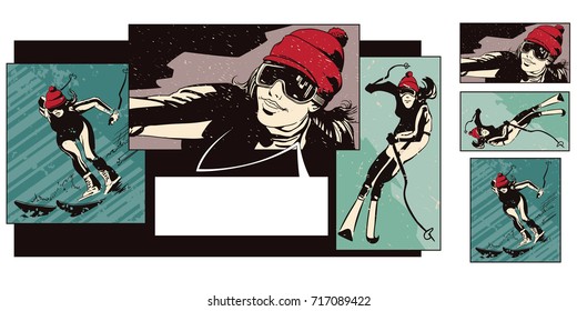 Stock illustration. People in retro style pop art and vintage advertising. Collage on theme ski sport and vacation. Girl skier.