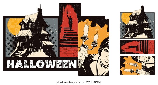 Stock illustration. People in retro style pop art and vintage advertising. Collage on theme halloween.