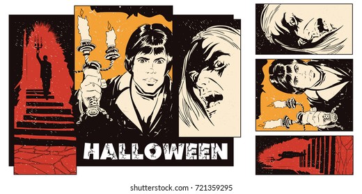 Stock illustration. People in retro style pop art and vintage advertising. Collage on theme halloween.