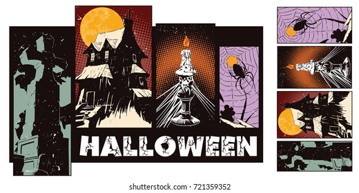 Stock illustration. People in retro style pop art and vintage advertising. Collage on theme halloween.