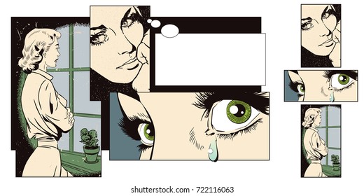 Stock illustration. People in retro style pop art and vintage advertising. Upset girl. Bad news.