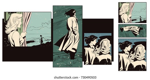 Stock illustration. People in retro style pop art and vintage advertising. Sad young woman on coast sea.