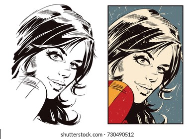 Stock illustration. People in retro style pop art and vintage advertising. Portrait girl.