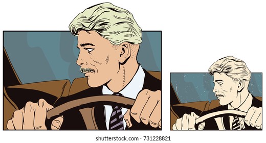 Stock illustration. People in retro style pop art and vintage advertising. Man at the wheel of car.