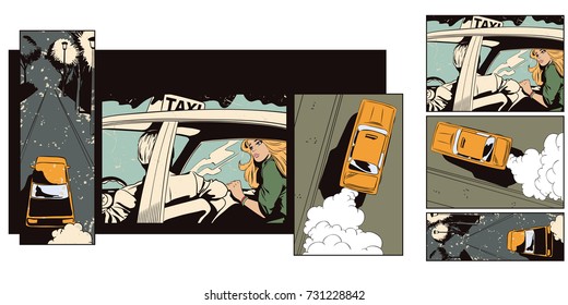 Stock illustration. People in retro style pop art and vintage advertising. Collage on theme transport and road. Taxi driver.