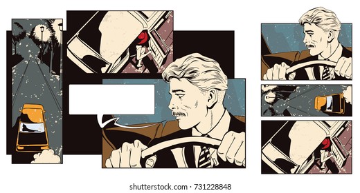 Stock illustration. People in retro style pop art and vintage advertising. Collage on theme transport and road. Taxi driver.
