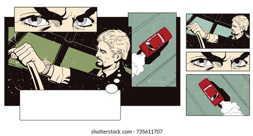 Stock illustration. People in retro style pop art and vintage advertising. Collage on theme transport and road. Man at the wheel of car.