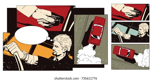 Stock illustration. People in retro style pop art and vintage advertising. Collage on theme transport and road. Man at the wheel of car.