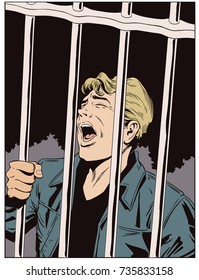 Stock illustration. People in retro style pop art and vintage advertising. Male in jail. Man is behind prison lattice.