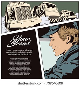Stock illustration. People in retro style pop art and vintage advertising. Man looks into cab of truck.
