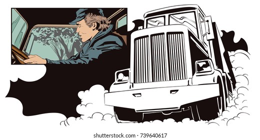 Stock illustration. People in retro style pop art and vintage advertising. Collage on theme transport and road. Males at the wheel of trucks.