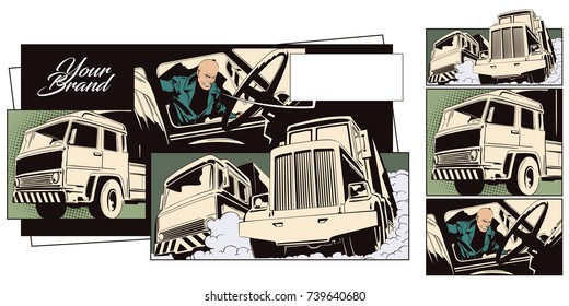 Stock illustration. People in retro style pop art and vintage advertising. Man looks into cab of truck.