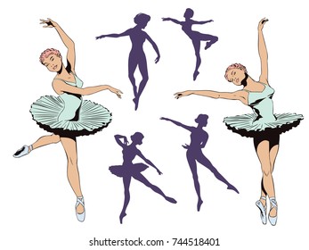 Stock illustration. People in retro style pop art and vintage advertising. Set of ballet dancers.