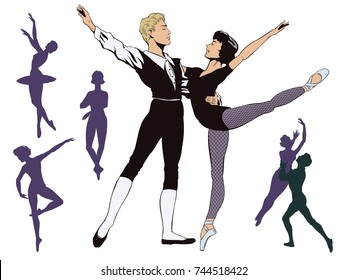 Stock illustration. People in retro style pop art and vintage advertising. Set of ballet dancers.