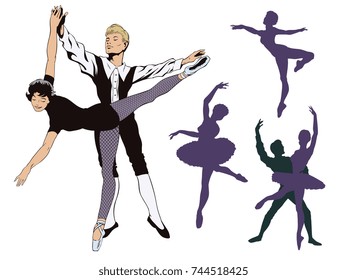 Stock illustration. People in retro style pop art and vintage advertising. Set of ballet dancers.