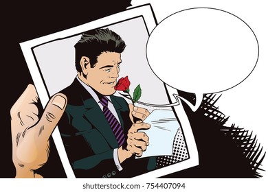 Stock illustration. People in retro style pop art and vintage advertising. Happy man reading a letter and sniffing a flower.