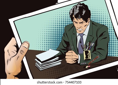 Stock illustration. People in retro style pop art and vintage advertising. Angry businessman knocks on table with his fist.