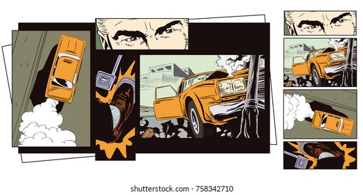 Stock Illustration. People In Retro Style Pop Art And Vintage Advertising. Car Crashed Into A Pillar.