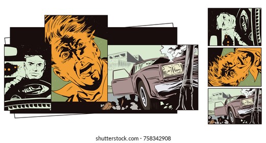 Stock illustration. People in retro style pop art and vintage advertising. Car crashed into a pillar.