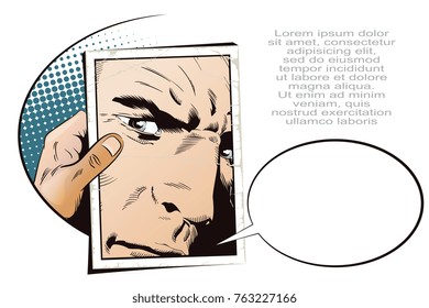 Stock illustration. People in retro style pop art and vintage advertising. Portrait of confident macho.