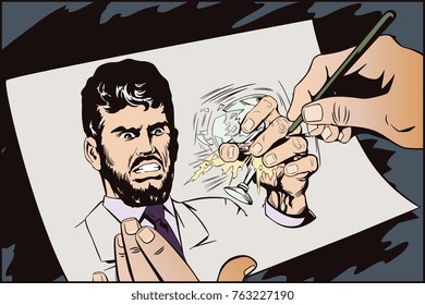 Stock illustration. People in retro style pop art and vintage advertising. Angry man crushes glass with hand.
