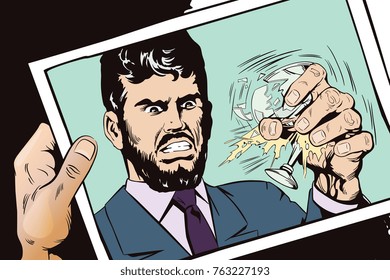 Stock illustration. People in retro style pop art and vintage advertising. Angry man crushes glass with hand.