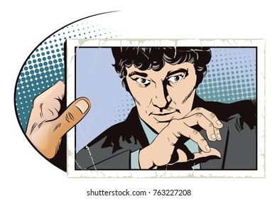 Stock illustration. People in retro style pop art and vintage advertising. Businessman guarding off with hand.