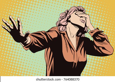 Stock illustration. People in retro style pop art and vintage advertising. Frightened woman with her hand extended.