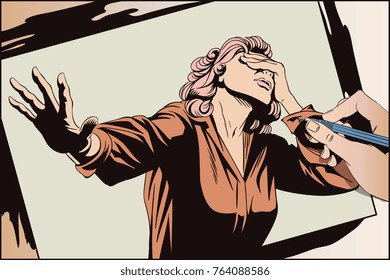 Stock illustration. People in retro style pop art and vintage advertising. Frightened woman with her hand extended.