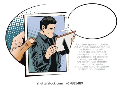 Stock illustration. People in retro style pop art and vintage advertising. Man is looking at photo in frame.