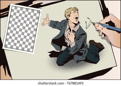 Stock illustration. People in retro style pop art and vintage advertising. Weeping male. Unhappy man. Sobbing businessman.