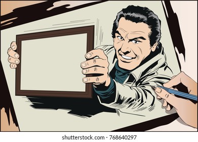 Stock illustration. People in retro style pop art and vintage advertising. Portrait of confident macho. Man with sign.