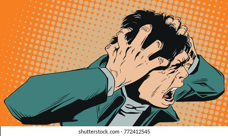 Stock Illustration. People In Retro Style Pop Art And Vintage Advertising. Man Screams In Horror.