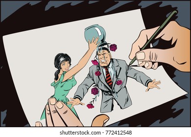 Stock illustration. People in retro style pop art and vintage advertising. Girl pours vase of flowers on man's head. Male is in shock.