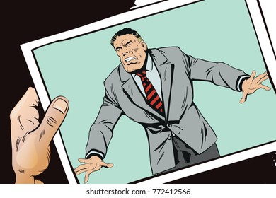 Stock illustration. People in retro style pop art and vintage advertising. Man is in shock.