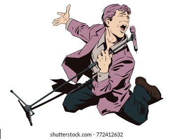 Stock illustration. People in retro style pop art and vintage advertising. Man in karaoke. Inspired singer with microphone.