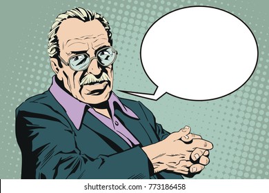 Stock illustration. People in retro style pop art and vintage advertising. Confident man. Elderly man with glasses.