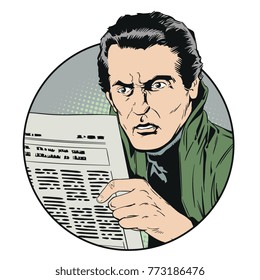Stock illustration. People in retro style pop art and vintage advertising. Serious male. Man is reading newspaper.