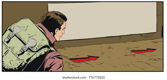 Stock illustration. People in retro style pop art and vintage advertising. Man follows arrows. Advertising stand.