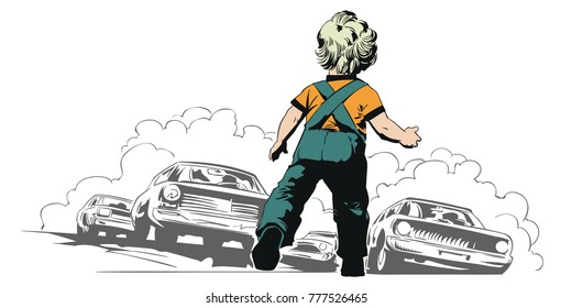Stock illustration. People in retro style pop art and vintage advertising. Child is in danger. Kid on road.