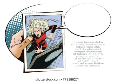 Stock illustration. People in retro style pop art and vintage advertising. Angry woman breaks door.