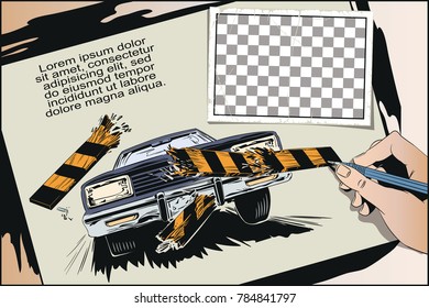 Stock illustration. People in retro style pop art and vintage advertising. Accident. Car breaking fence barrier.