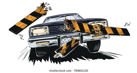 Stock illustration. People in retro style pop art and vintage advertising. Accident. Car breaking fence barrier.