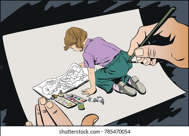 Stock illustration. People in retro style pop art and vintage advertising. Child with a coloring book.