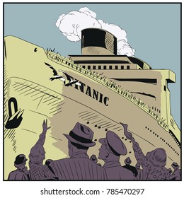 Stock illustration. People in retro style pop art and vintage advertising. People are looking at Titanic.