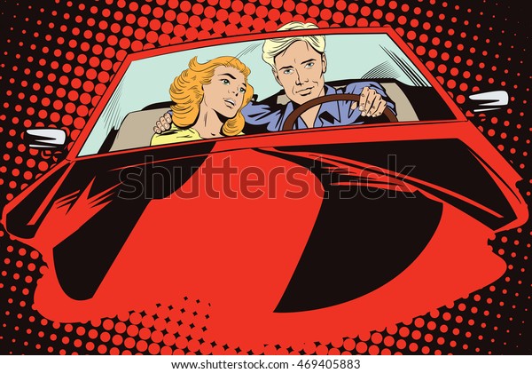 Stock\
illustration. People in retro style pop art and vintage\
advertising. Guy and girl in a sports\
car.